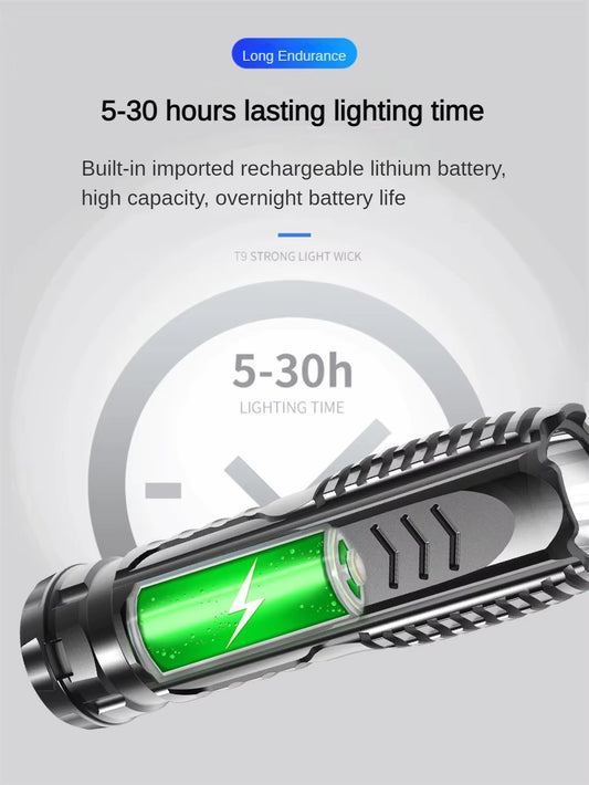 Futuristic flashlight with battery display on a gray background