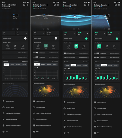 Sequence of smartphone screenshots showing a home automation app interface with various settings and graphs of a Photon Matrix Mosquito Defense System.