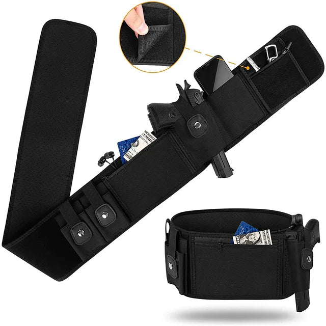 Black tactical belt with multiple pockets and compartments on a white background