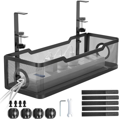 DeskNest cable management tray holding power strip and cables