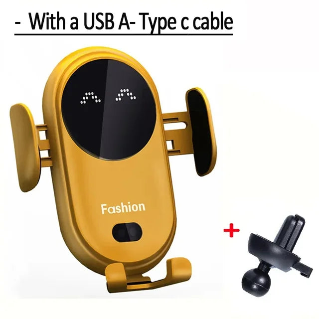 yeloow car phone holder with  and USB cable on a white background