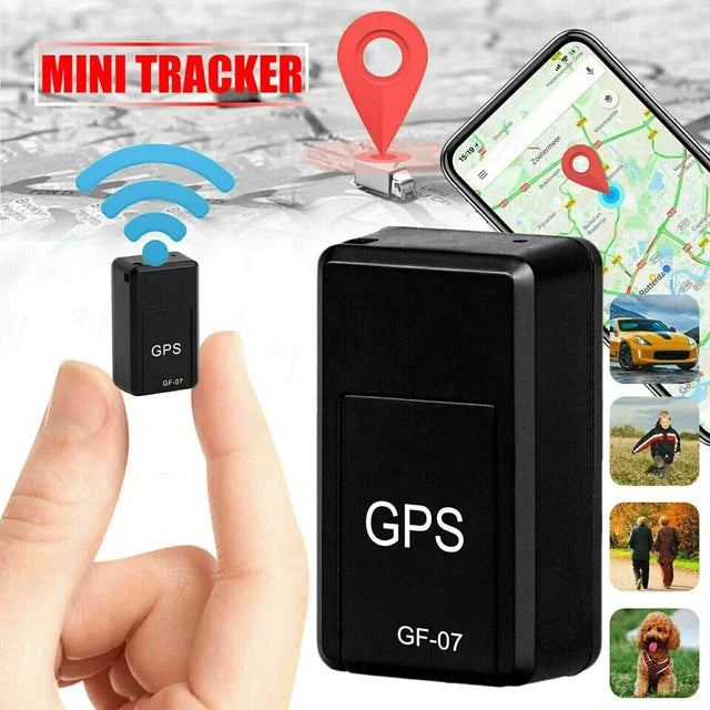 Mini GPS tracker with smartphone app interface and map background