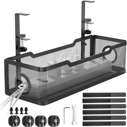Black mesh shelf with hanging hooks and accessories on a white background