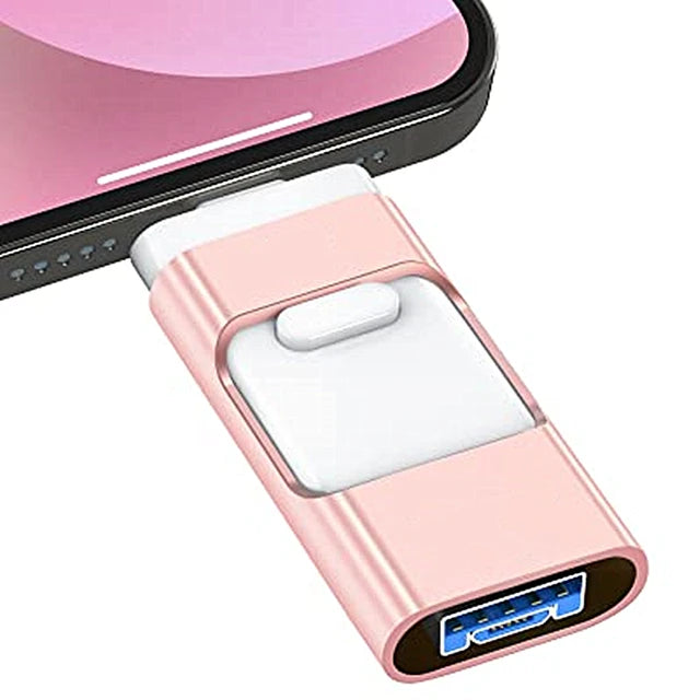 Rose gold USB-C adapter with a smartphone in the background
