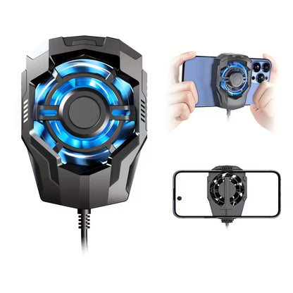 Gaming phone cooler with blue light on a white background