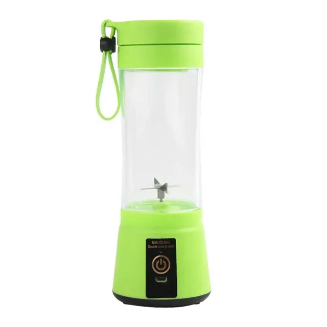 Green portable blender with clear container on a white background