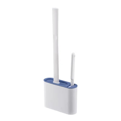 White and blue cleaning brush with long handle on a white background