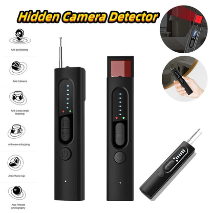 Hidden camera detector with features and usage scenarios on a white background