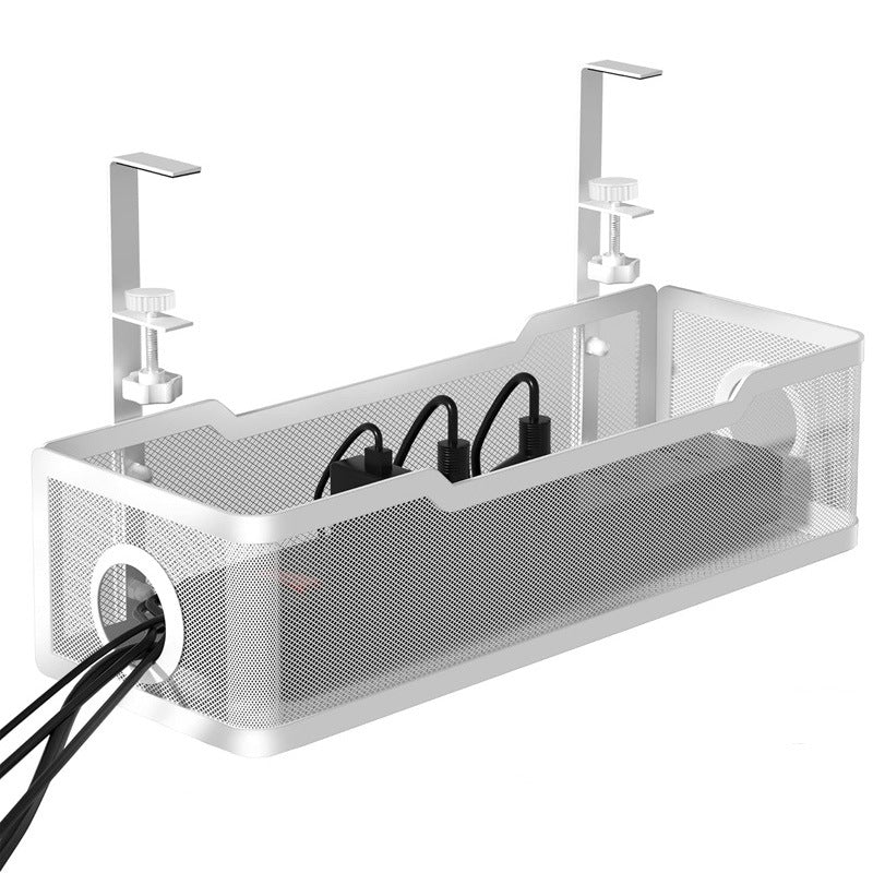 Metal mesh cable organizer with mounted cables on a white background