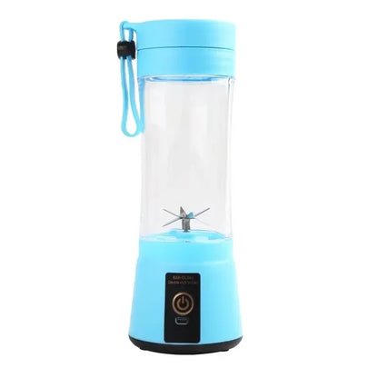 Blue portable blender with a clear container on a white background