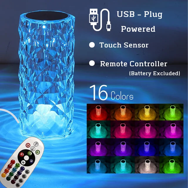USB-powered LED lamp with remote control and color options on a dark background