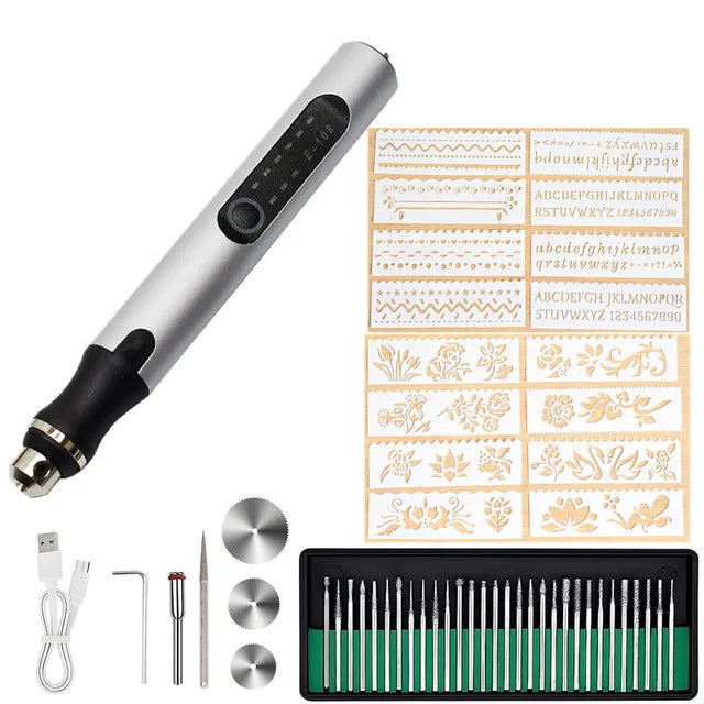 Decorative pen set with stencils and replacement parts on a white background