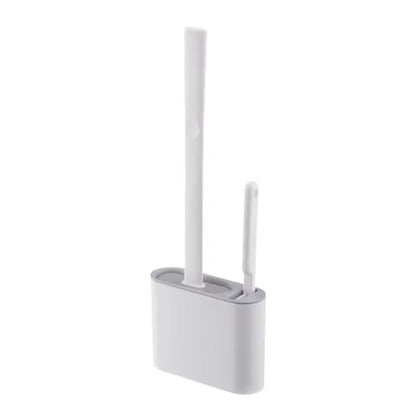 White toilet brush holder with a brush on a white background