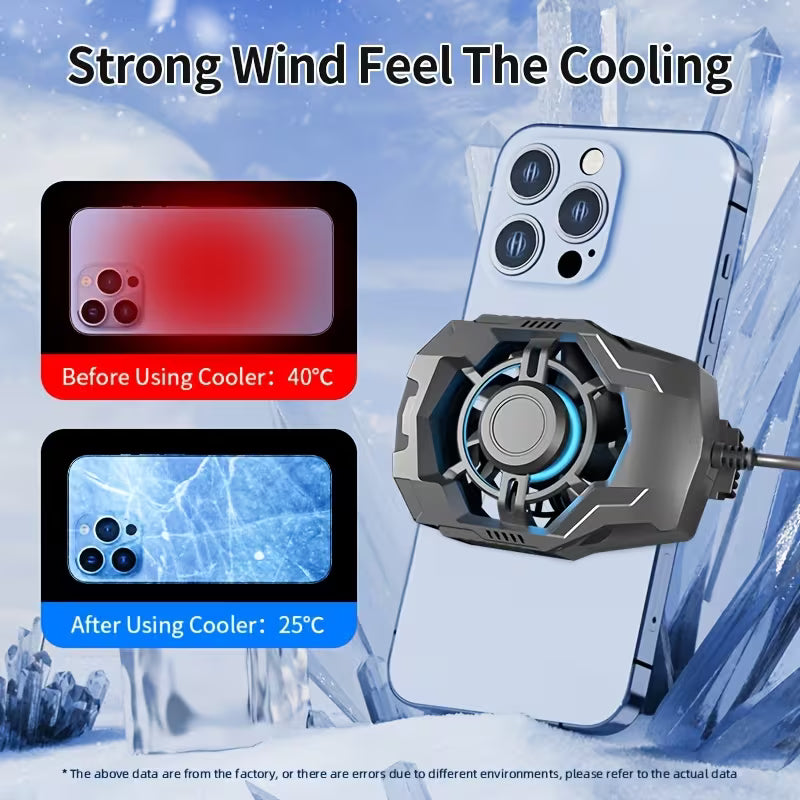 Phone cooler with text indicating temperature reduction on a icy background