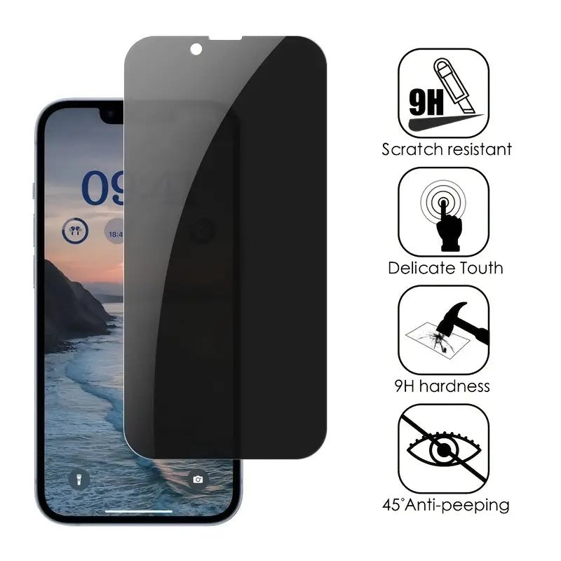 Smartphone with a black screen protector on a white background, featuring scratch resistance and anti-peeping properties.