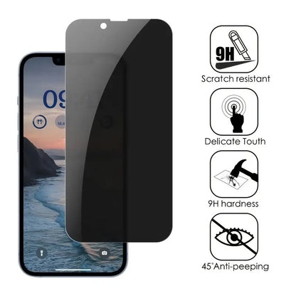 Smartphone with a black screen protector on a white background, featuring scratch resistance and anti-peeping properties.