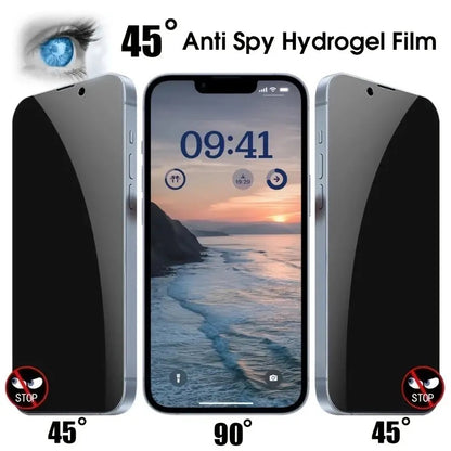 Smartphone with anti-spy hydrogel film showing a beach scene, with angles highlighted.