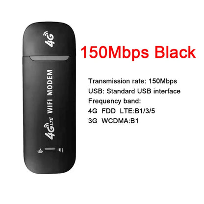 Black 4G WiFi modem with specifications on a white background