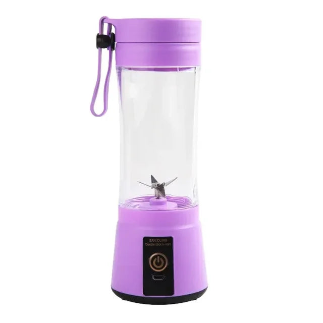 Purple portable blender with a clear container on a white background