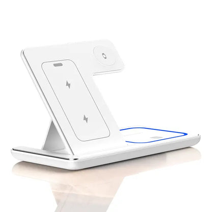 White wireless charging stand with smartphone and tablet on a reflective surface