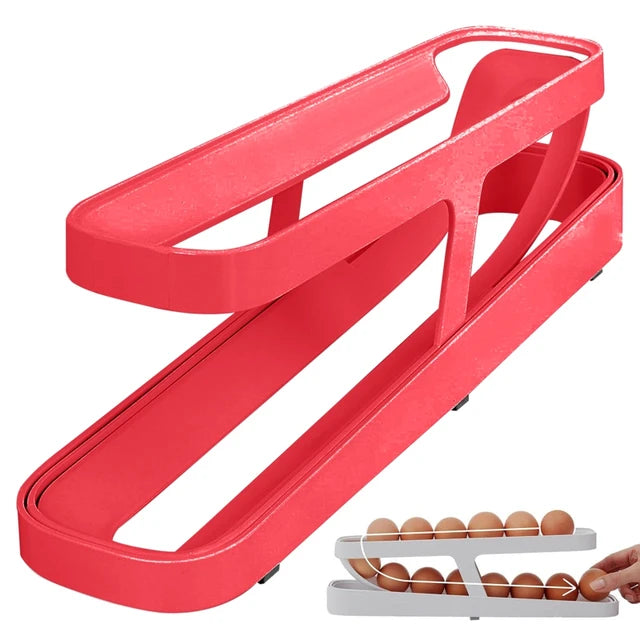 Red egg holder with a white tray holding eggs on a white background