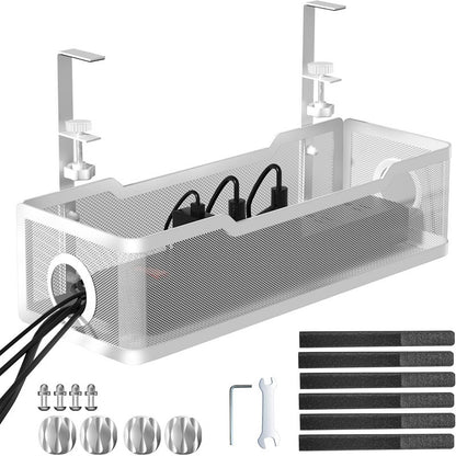 Metal mesh storage caddy with accessories on a white background
