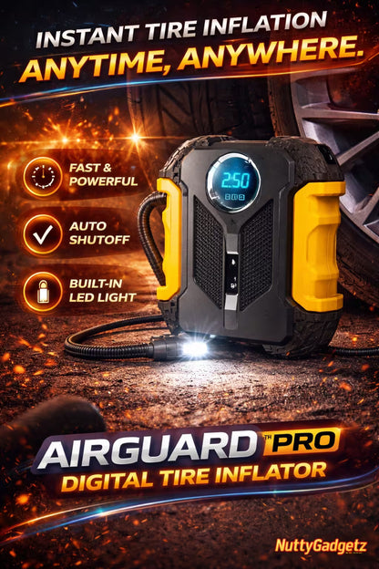 Airguard Pro digital tire inflator with features highlighted on a dark background