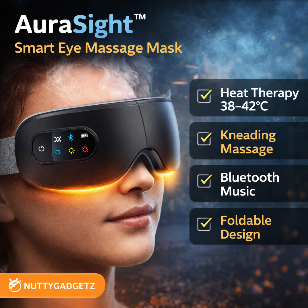 AuraSight smart eye massage mask with features listed on a dark background