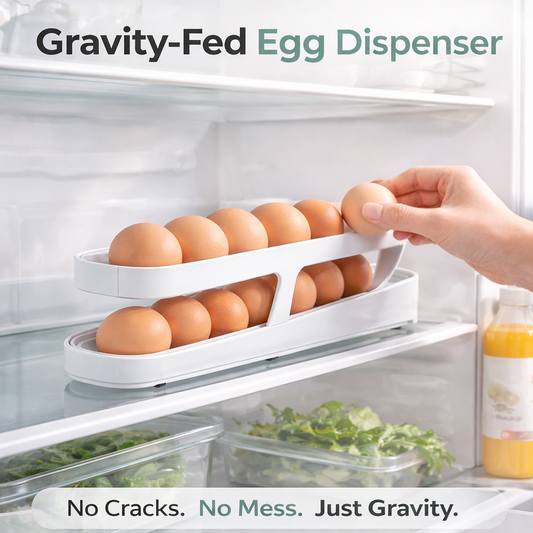 Gravity-fed egg dispenser with eggs being taken from it inside a refrigerator.