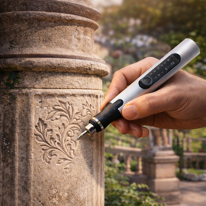 Hand using an engraver device on an ancient stone column with a blurred outdoor background