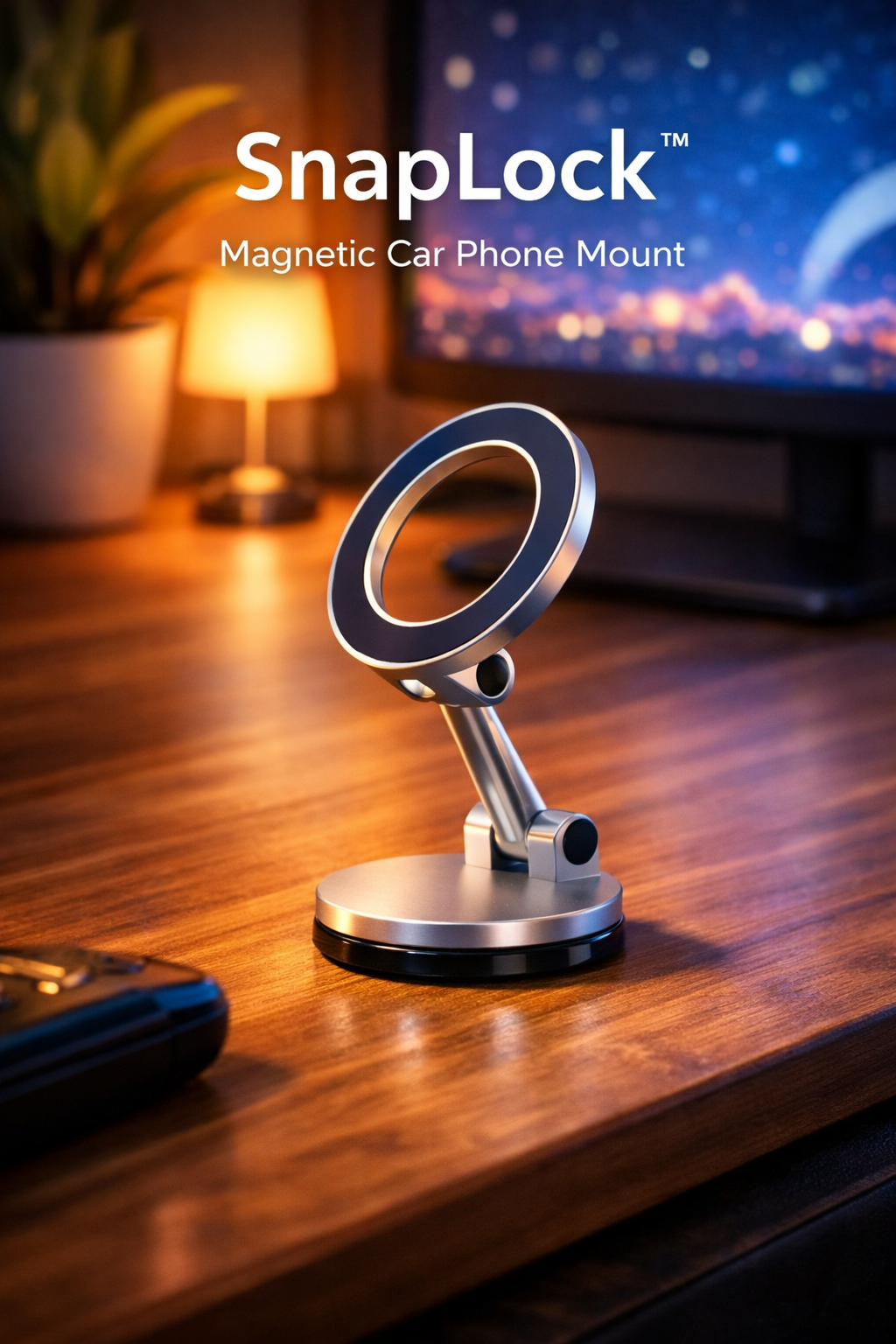 SnapLock magnetic car phone mount on a wooden surface with a blurred background