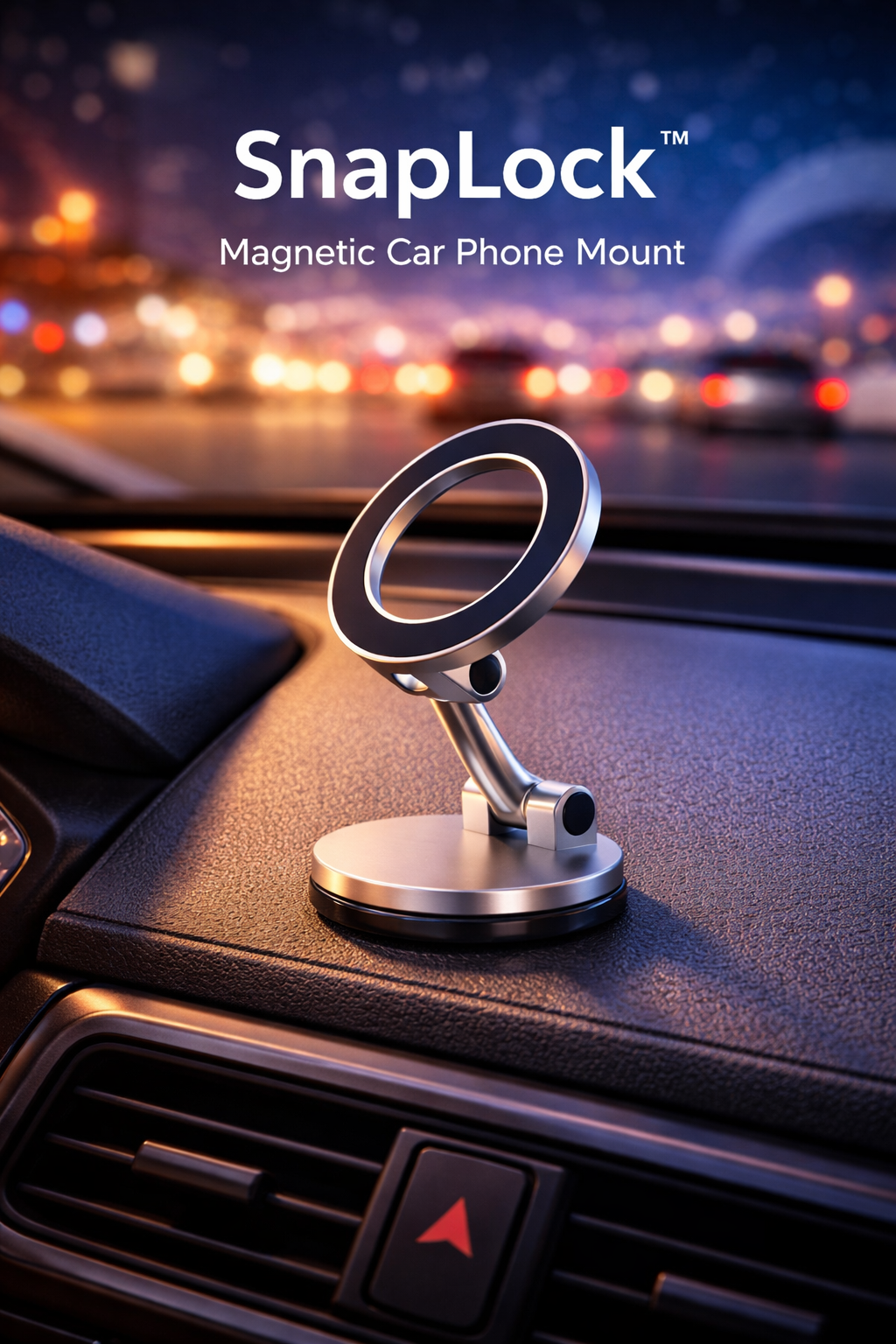 SnapLock magnetic car phone mount on a car dashboard with city lights in the background