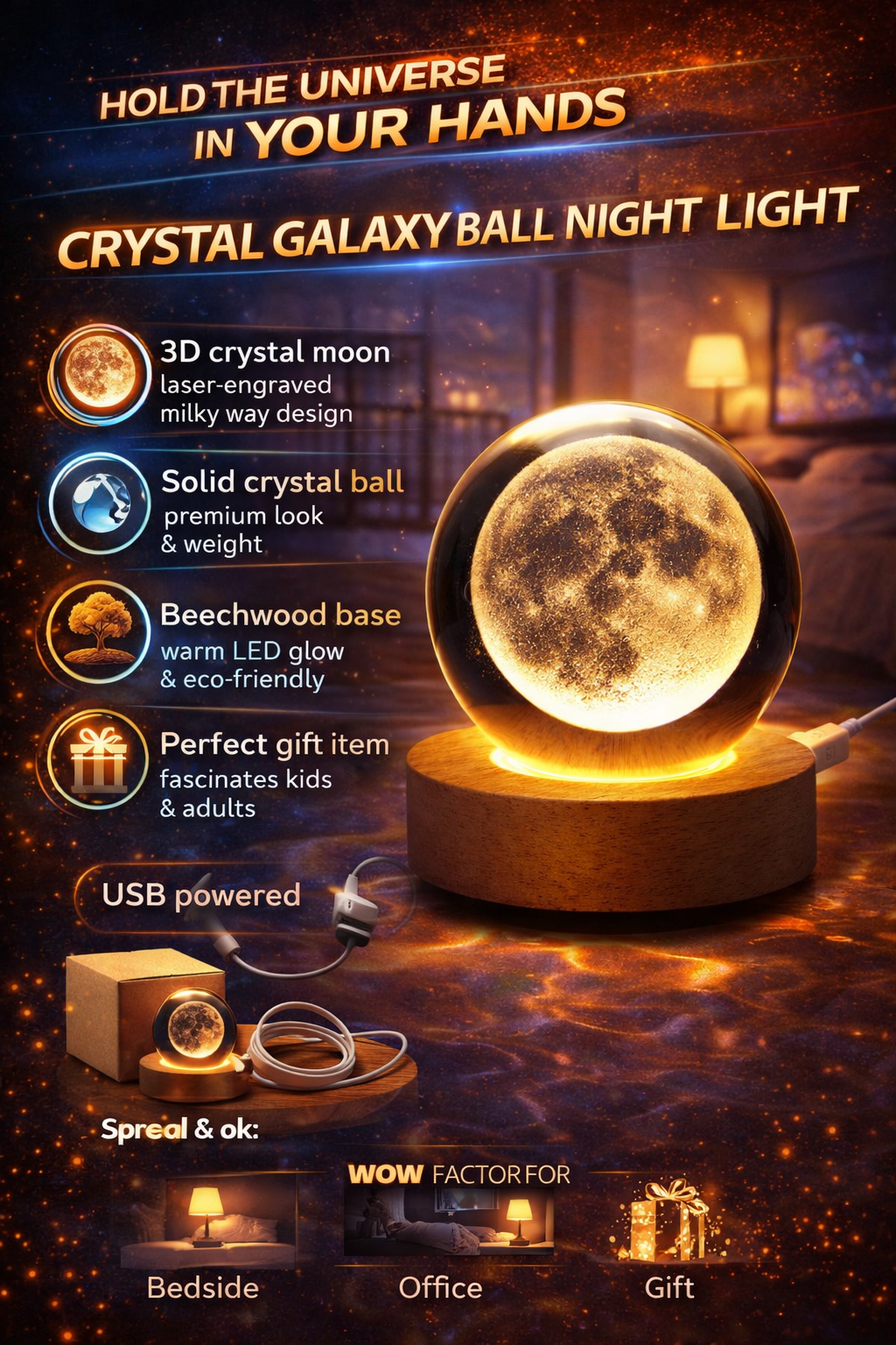 Crystal galaxy ball night light with features and usage scenarios on a dark background