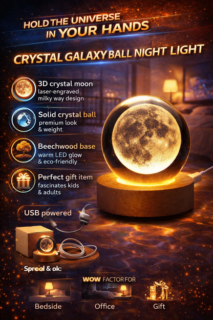 Crystal galaxy ball night light with features and usage scenarios on a dark background
