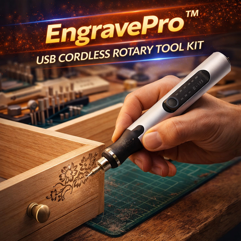 USB cordless engraver kit being used to engrave a wooden box with 'EngravePro' branding.