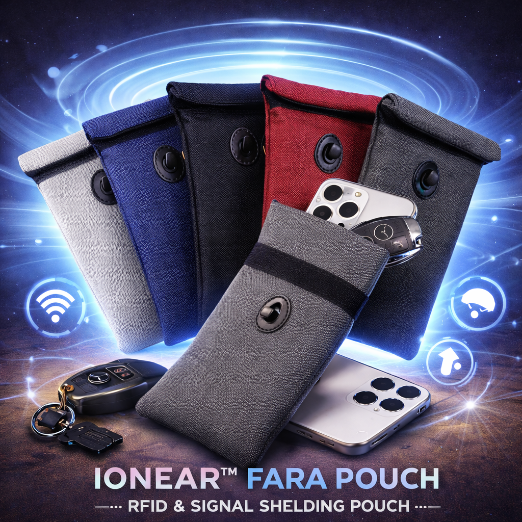 IONEAR FARA POUCH with smartphone and key fob on a dark background
