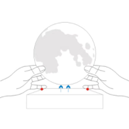 Diagram of a crystal moon lamp with hands holding it, showing points of contact.