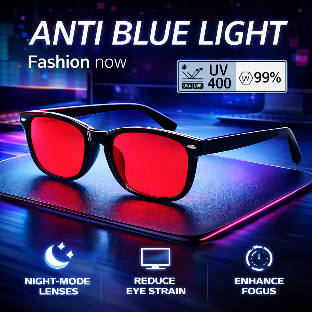 Anti blue light glasses with red lenses on a dark background, featuring text and icons about UV protection and benefits.