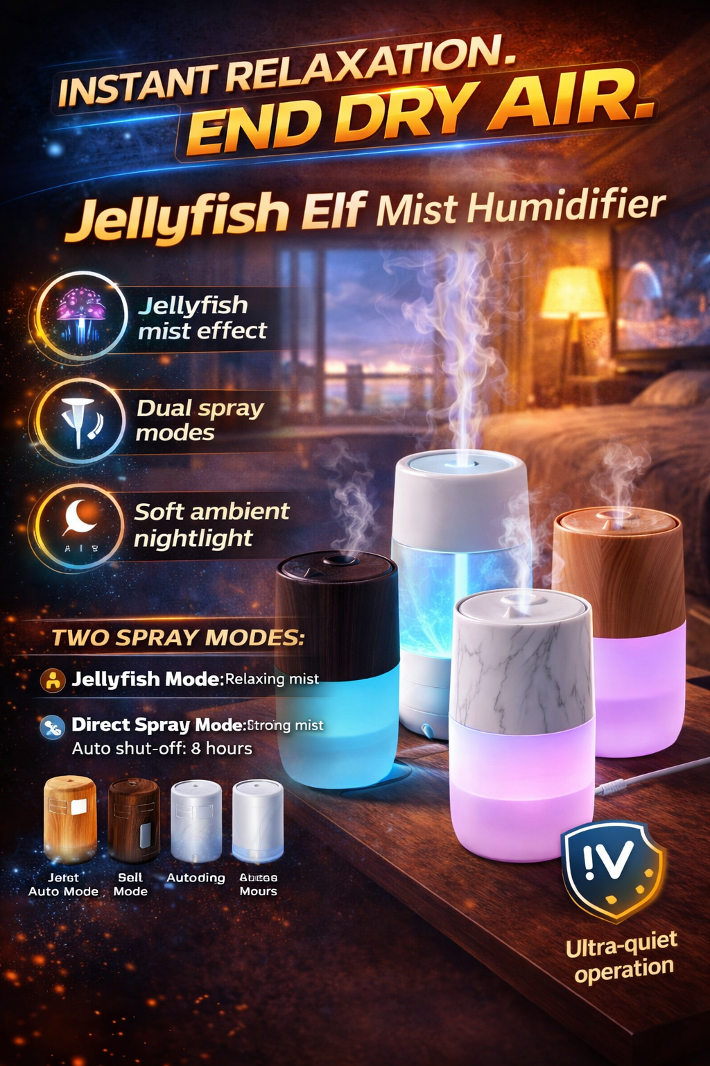 Advertisement for Jellyfish Elf Mist Humidifier with features listed.