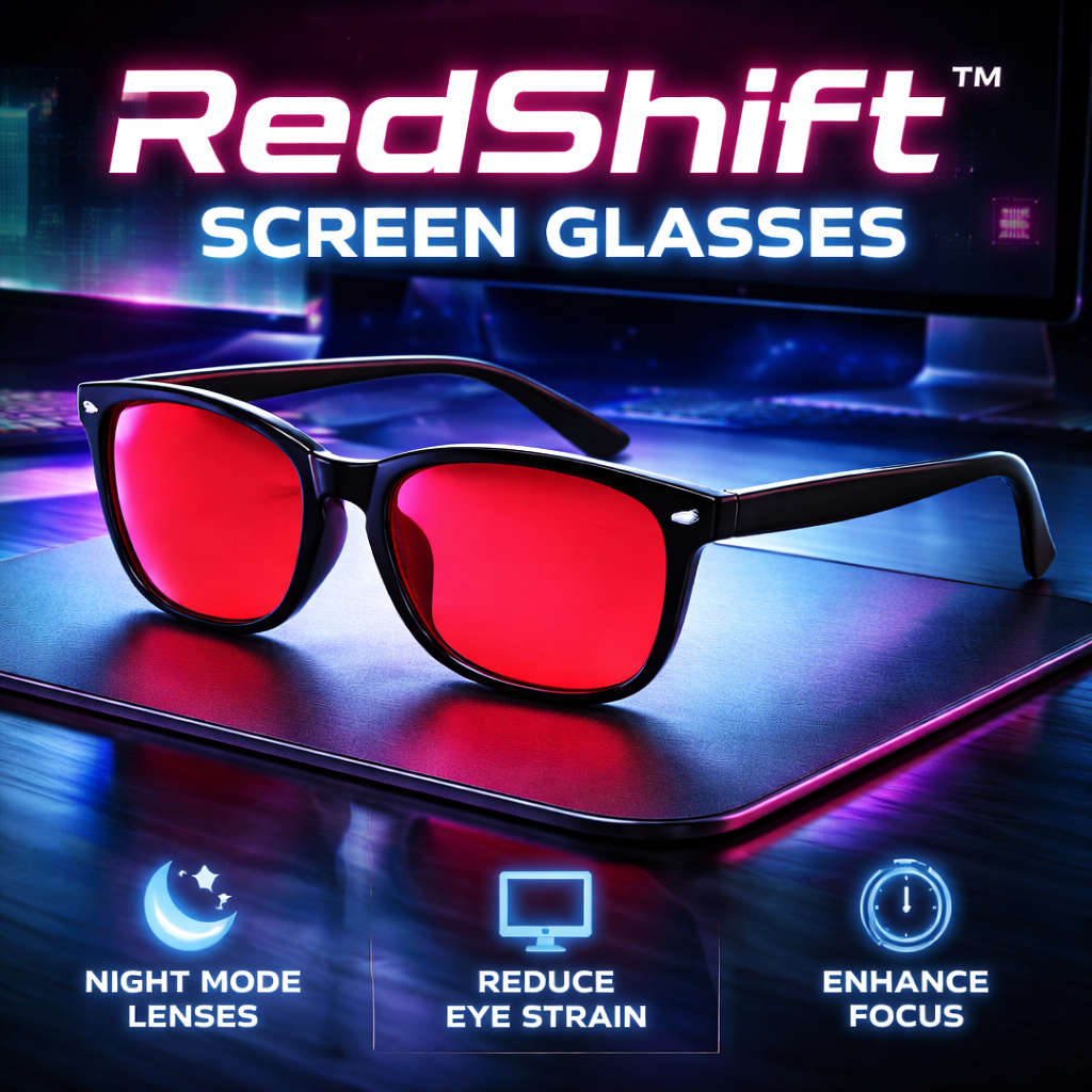 RedShift screen glasses with red lenses on a dark surface, with text highlighting features.