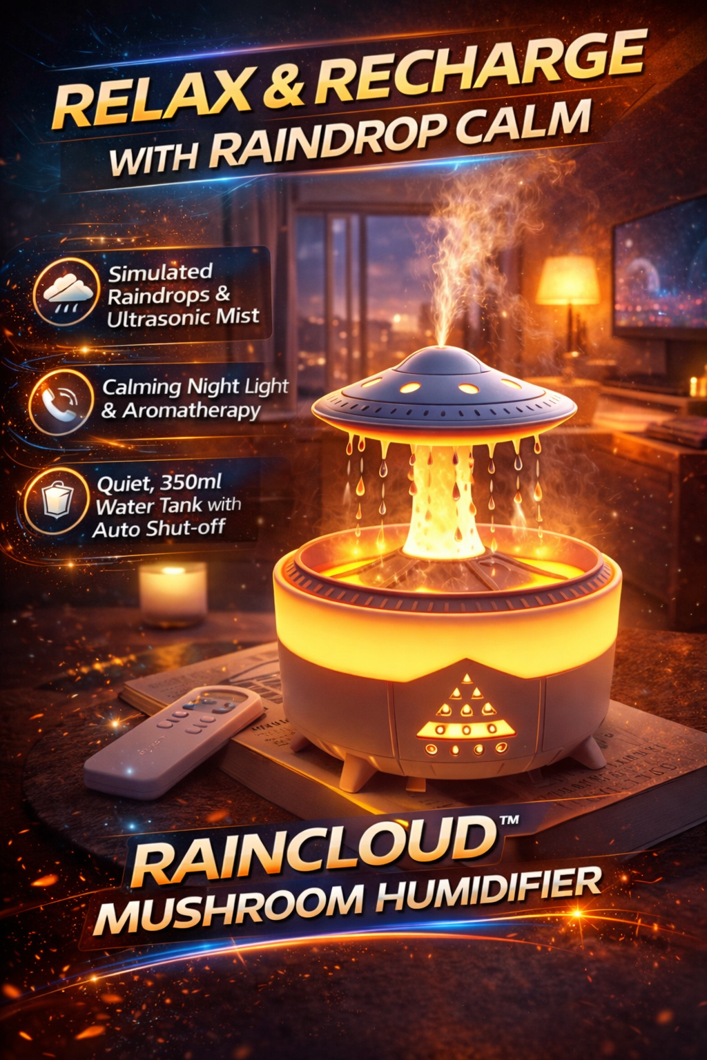 Raincloud mushroom humidifier with relaxing ambiance in a room.