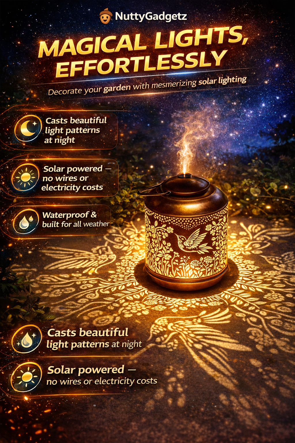 Solar-powered decorative light with glowing patterns on a dark background, featuring NuttyGadgetz branding.