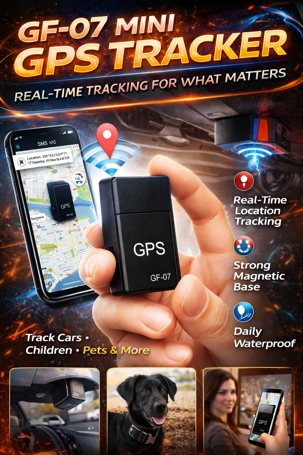 GF-07 Mini GPS Tracker with smartphone app, magnetic base, waterproof feature, and real-time tracking capabilities.