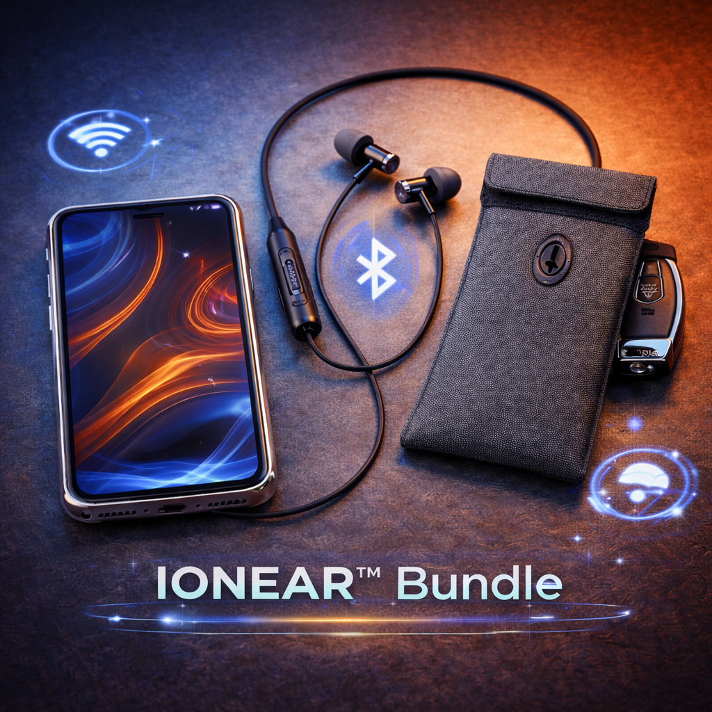 IONEAR bundle with smartphone, wireless earbuds, and case on a dark surface