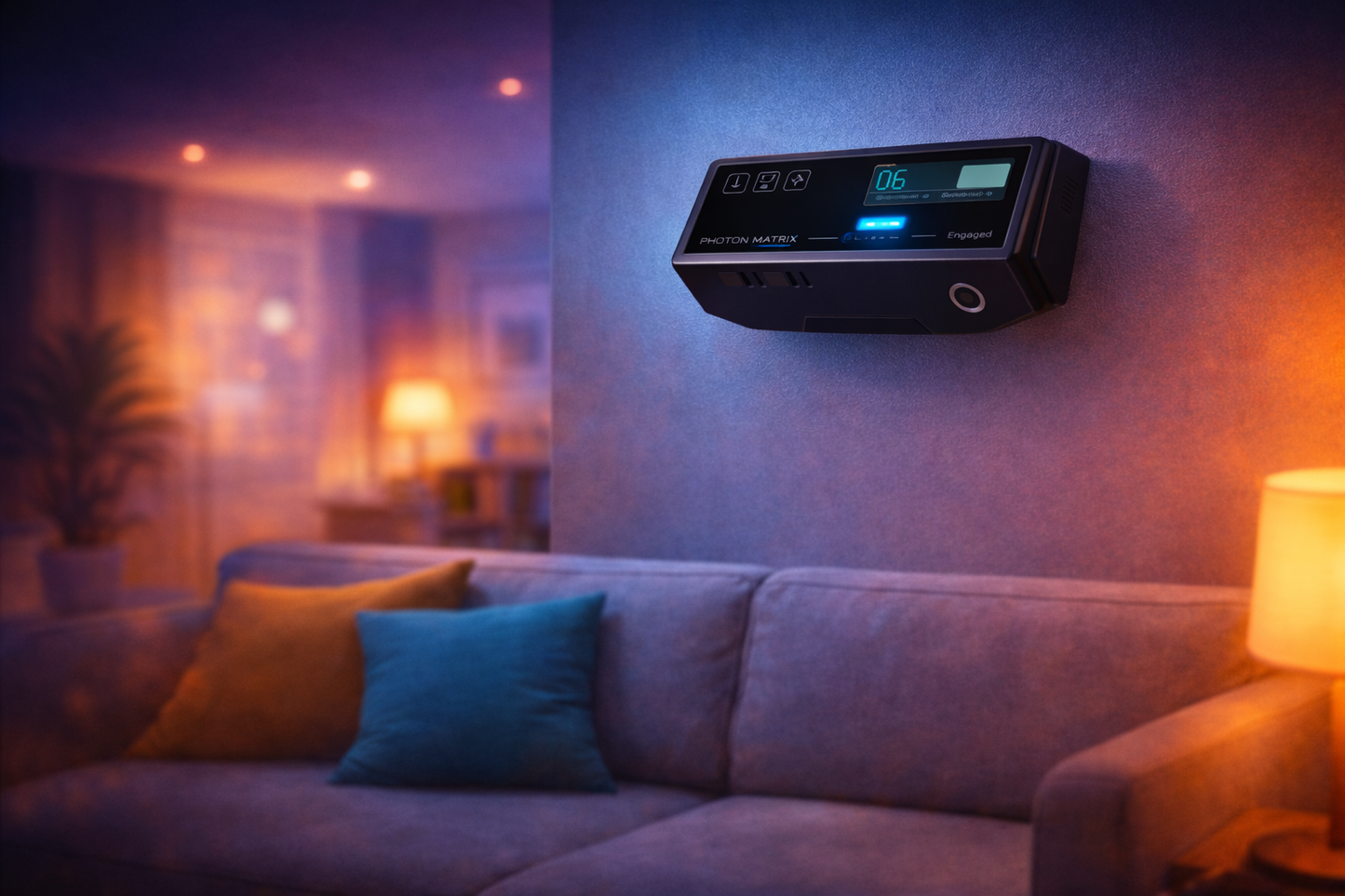 Photon Matrix Mosquito Defense System mounted on a wall above a sofa in a dimly lit room.