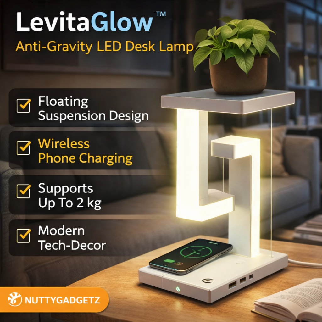 LevitaGlow anti-gravity LED desk lamp with wireless phone charging on a table.