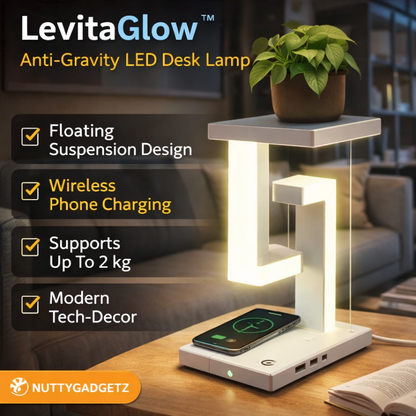 LevitaGlow anti-gravity LED desk lamp with wireless phone charging on a table.