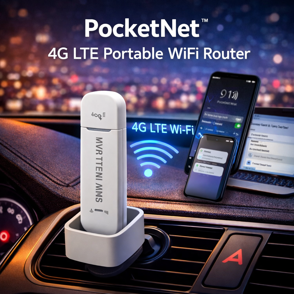 4g portable wifi router with text Pocketnet on a car dashboard