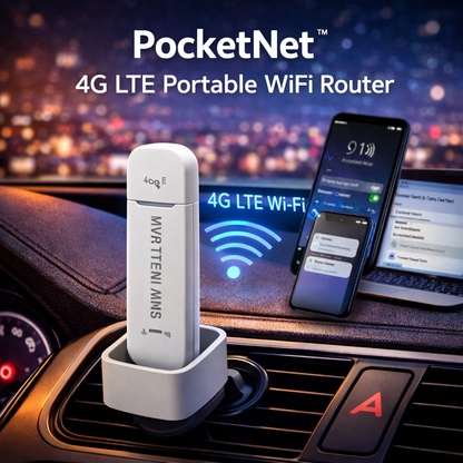 4g portable wifi router with text Pocketnet on a car dashboard