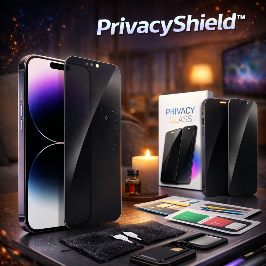 PrivacyShield phone screen protector packaging with smartphone and tools on a table.